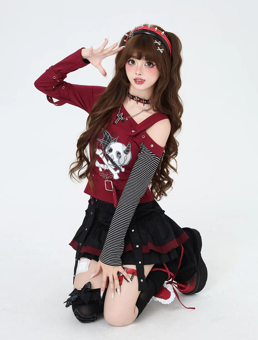 Crazy Girl Dream Game Skull Graffiti Black Red Shirt Top - Sugarplum Store