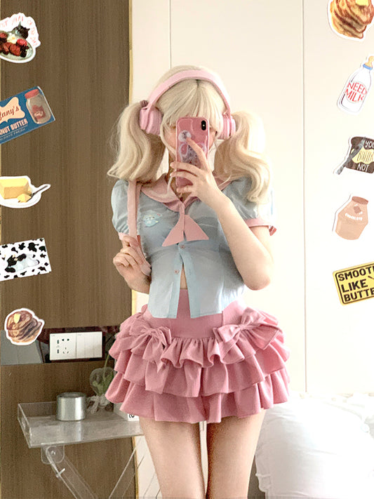 Serendipity Coquette Sweet Sailor Collar Blue Puff Sleeve Shirt & Pink Ruffled Mini Skirt Two Piece Set - Sugarplum Store