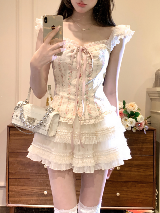 Creamy Sweet Pastoral Princess Floral Top & Beige Skirt Two Piece Set
