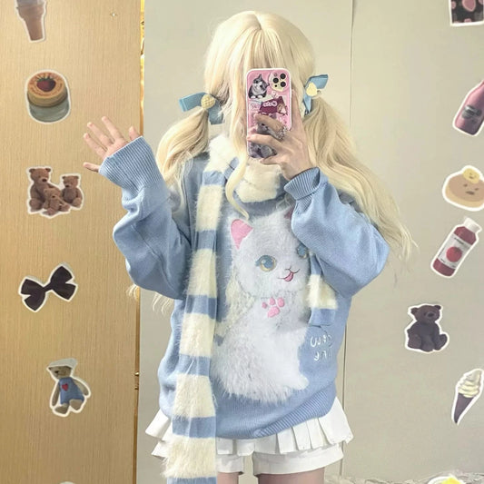 Serendipity Stars Cute Cat Pullover Knitted Embroidery Oversize Sweater - Sugarplum Store