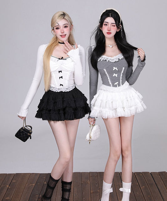 Kiki Lace Cool Gray White Black Shirt Top & Skirt Two Piece Set