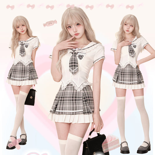 Serendipity Poly College White Shirt & Gray Plaid Skirt Two Piece Set - Sugarplum Store