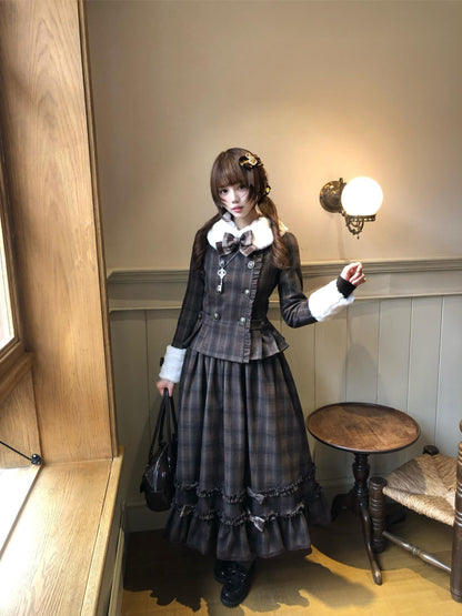 Sweet Dream Chocolate Filled Brown Plaid Jacket Skirt Two Piece Set