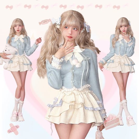 Serendipity Autumn Baby Blue Cream Doll Collar Bow Shirt Top & Ruffled Skirt Two Piece Set - Sugarplum Store
