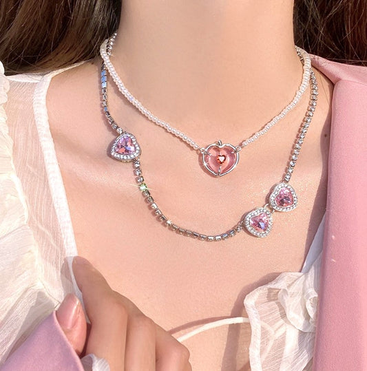 Luxury Peach Pink Diamond Pearl Pendant Necklace