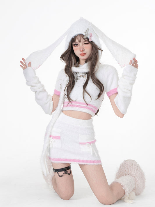 Young Eyes Winter Black Pink Fuzzy Shirt Top & Mini Skirt & Arm Warmers Three Piece Set - Sugarplum Store