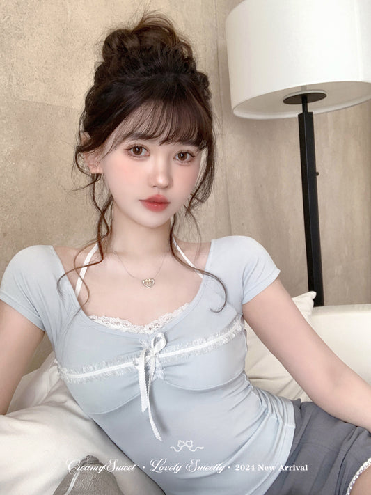 Creamy Cute Blue Cream Polka Dot Shirt & Halter Neck Top Two Piece Set - Sugarplum Store