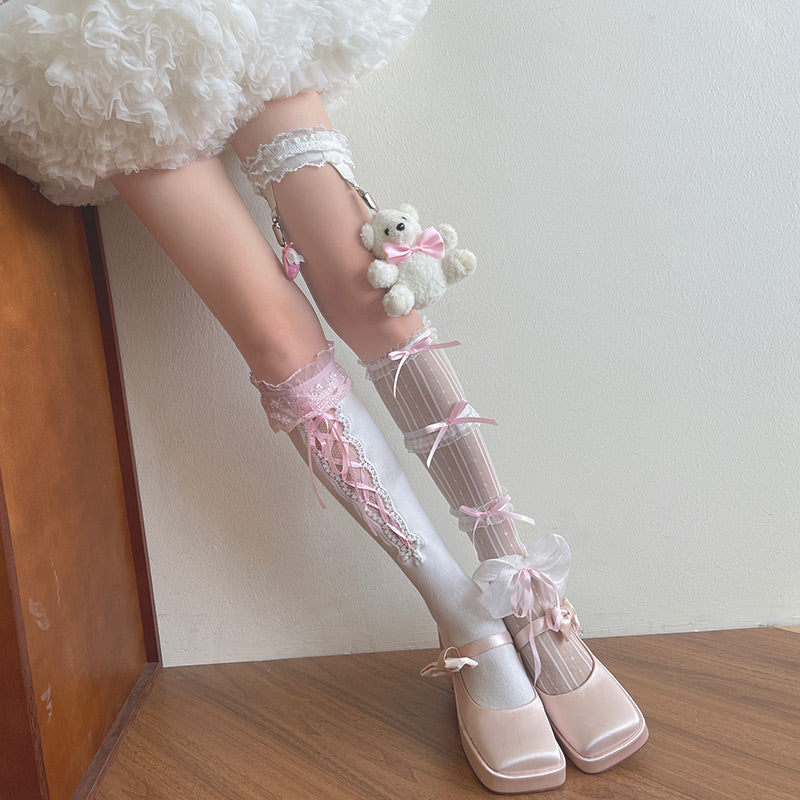 Noble Festival Pink Black Blue Red Lace Socks & Bear Garter - Sugarplum Store