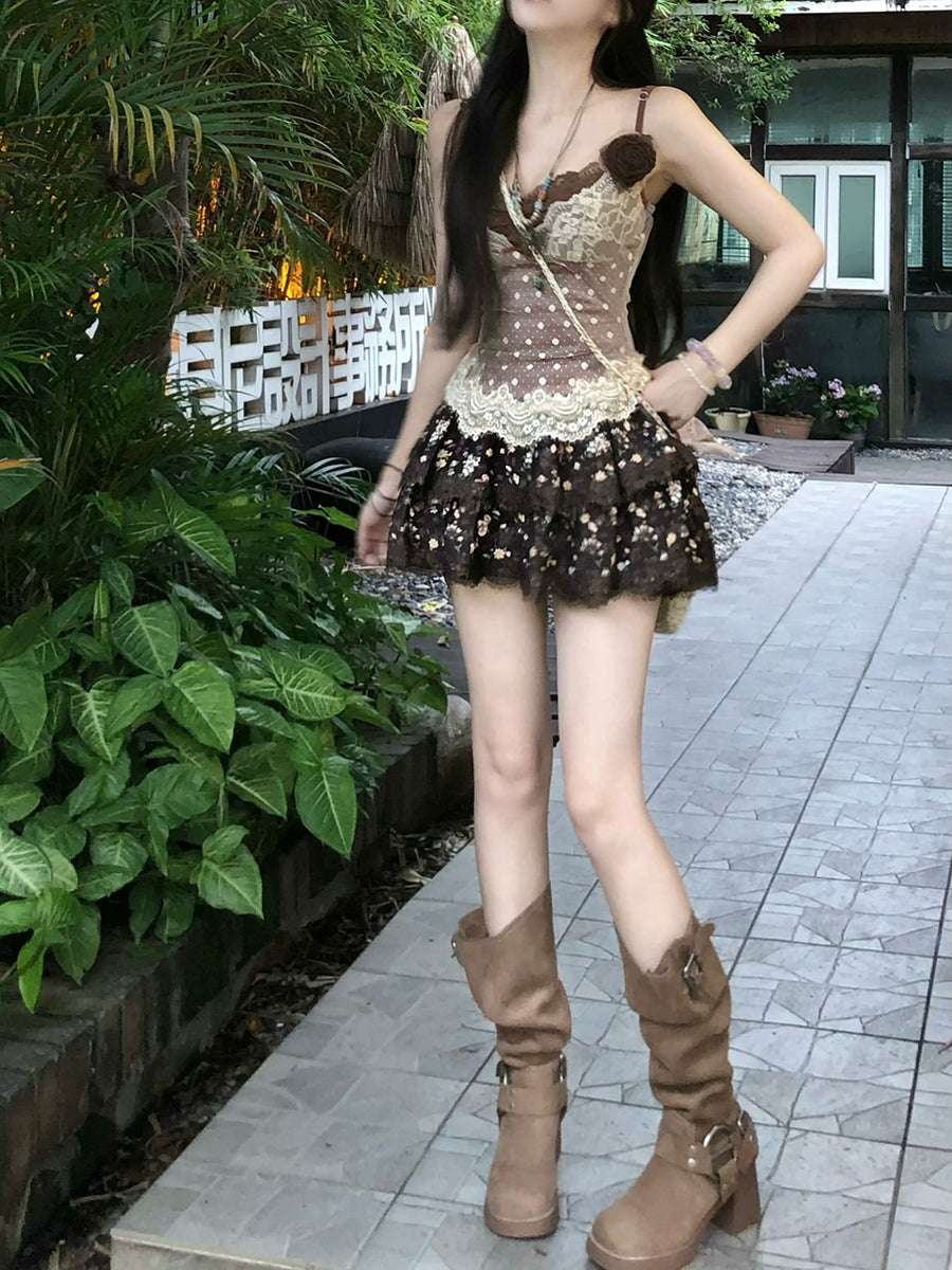 Creamy Cute Summer Gardenia Brown Cami Top & Skirt Two Piece Set