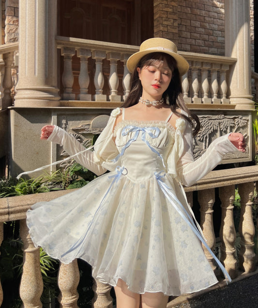 Ruellia Rococo Girl Blue Floral White Strap Dress