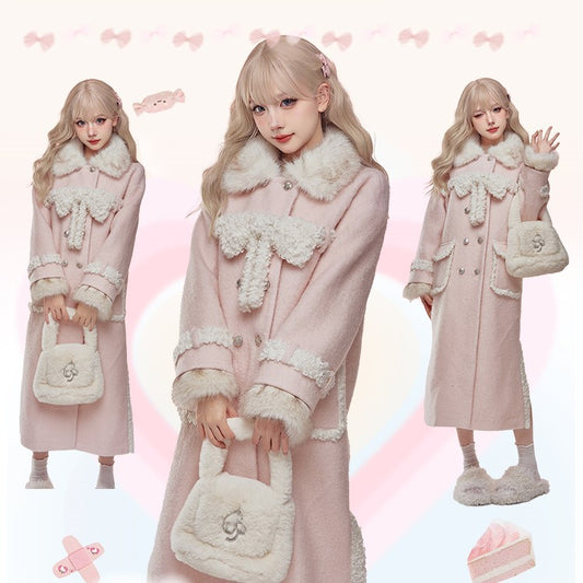 Serendipity Winter Pink Plush Long Woolen Coat & Mini Skirt Two Piece Set - Sugarplum Store