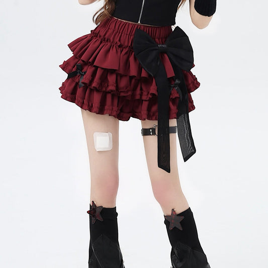 Crazy Girl Bow Of Freedom Pink Black Red Purple Cream Elastic Waist Ruffle Skirt - Sugarplum Store