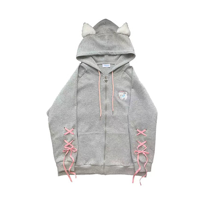 Cute Gray Cat Ears Y2K Coquette Ribbon Hoodie Jacket Sugarplum Store