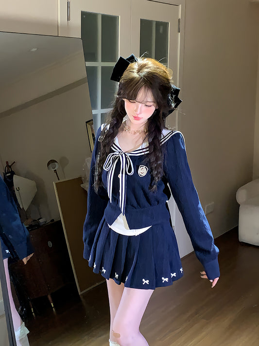 Creamy Cute Manhwa Navy Blue Sailor Collar Sweater & Skirt Two Piece Set - Sugarplum Store