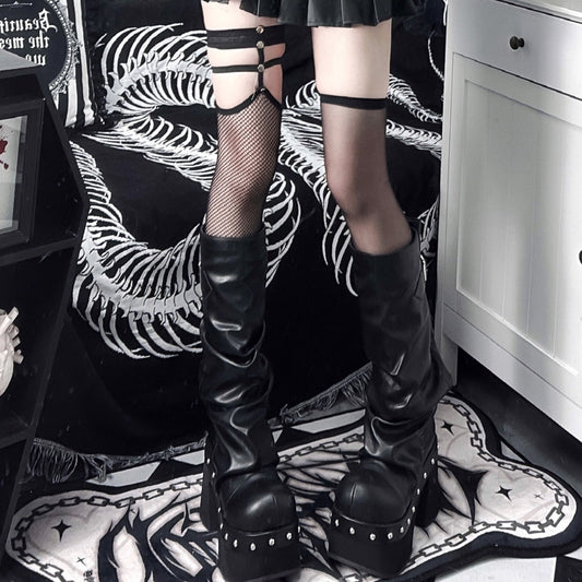 Pocket Cat Gothic Goth Girl Honeysuckle Black & White Chucky Knee High Boots