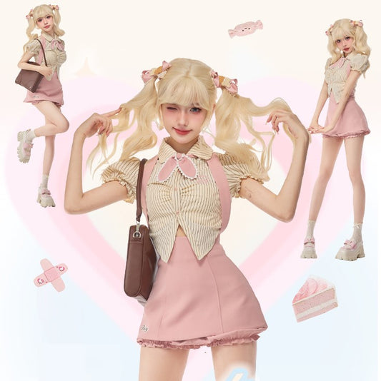 Serendipity Sweet Bow Beige Striped Puff Sleeve Shirt & Pink Suspender Skirt Two Piece Set - Sugarplum Store