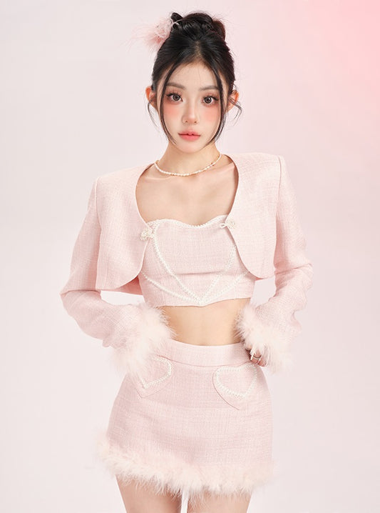 Lucia Lady Pearl Soft Pastel Pink Tube Top & Mini Skirt & Jacket Three Piece Set - Sugarplum Store