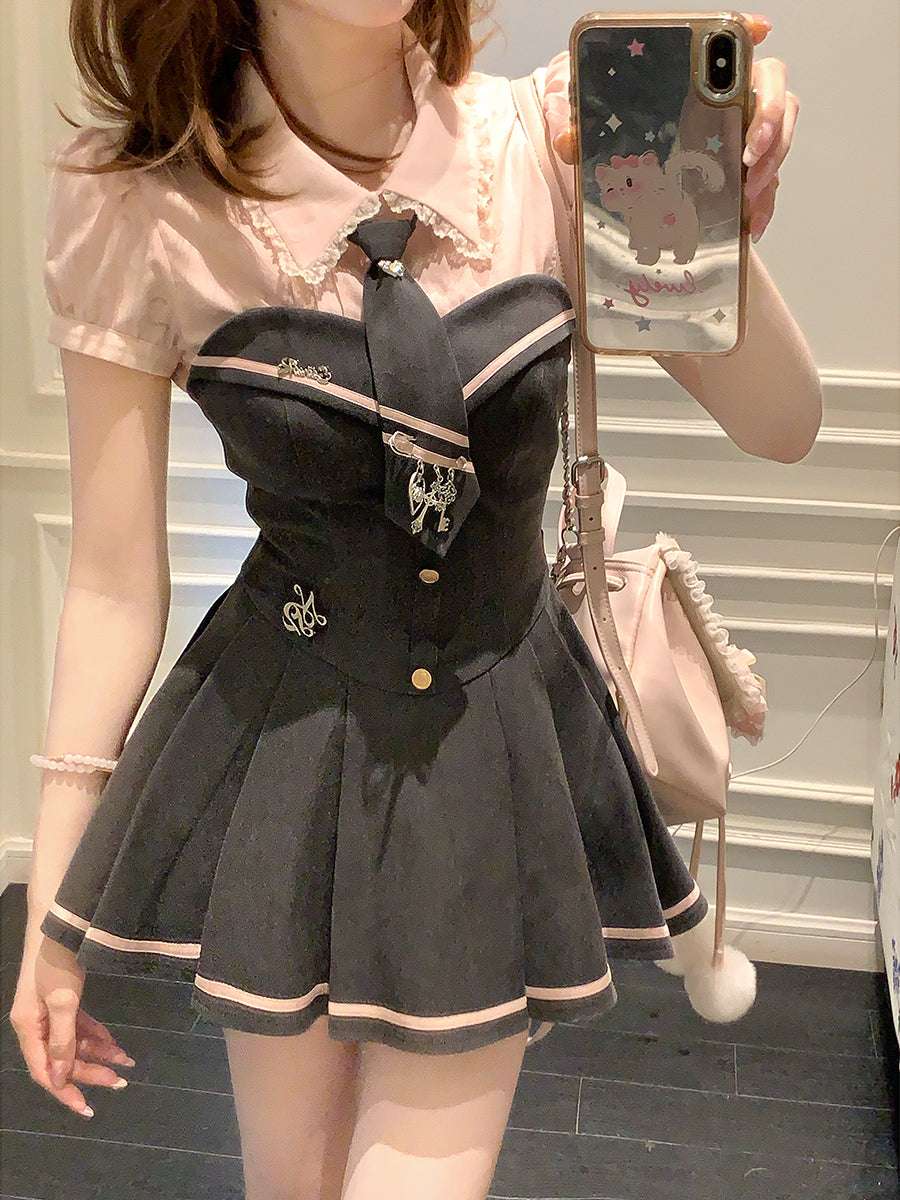 Creamy Cute Sakura Senpai Pink Shirt Top & Gray Dress Two Piece Set