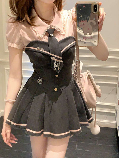 Creamy Cute Sakura Senpai Pink Shirt Top & Gray Dress Two Piece Set