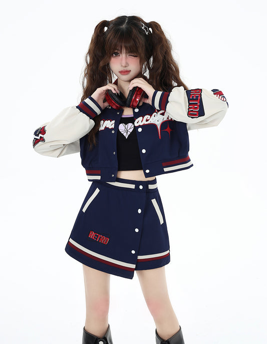 Crazy Girl Navy Blue Retro Baseball Jacket Skirt Two Piece Set