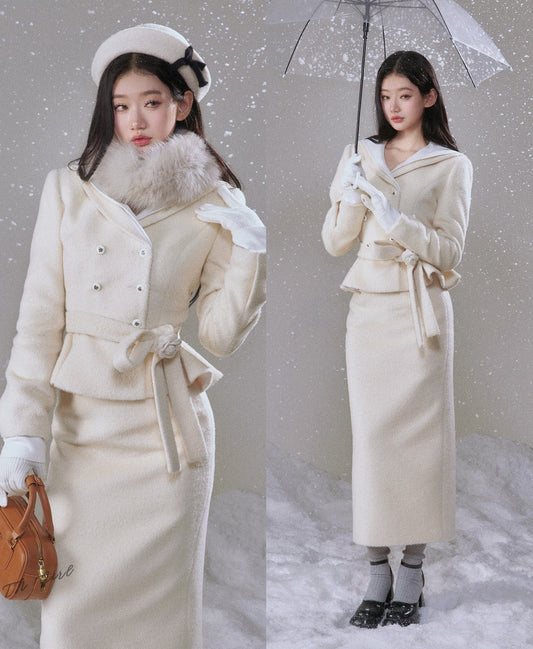Monet Winter Snow White Beige Rose Jacket Fur Collar & Long Skirt Two Piece Set - Sugarplum Store