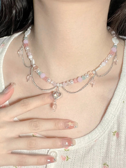 Dopamine Pink Beads Heart Necklace - Sugarplum Store