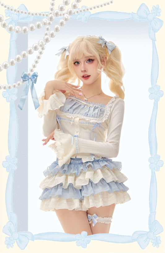 Serendipity Autumn Love Hime Lace Blue White Blouse Shirt & Ruffled Cake Skirt Two Piece Set