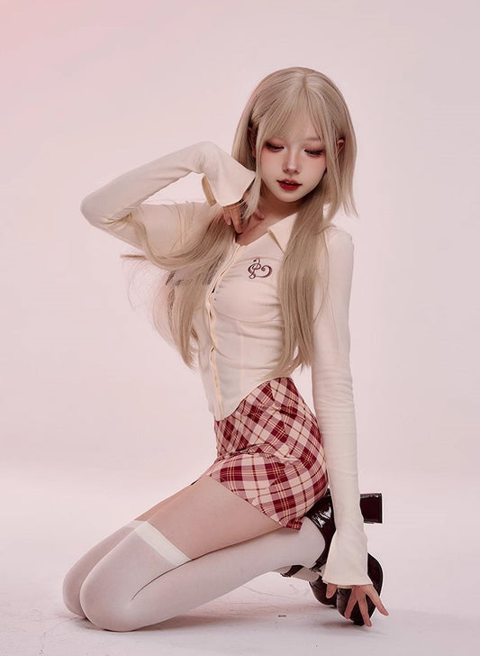 Serendipity Fall Beige Office Lady Long Sleeve T-Shirt & Red Plaid Mini Skirt Two Piece Set - Sugarplum Store