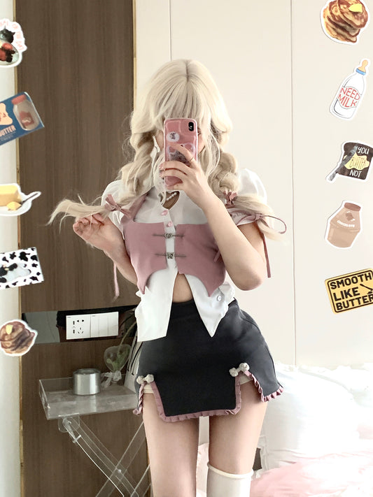 Serendipity Chinese Restaurant Waitress Pink Vest & White Shirt & Gray Mini Skirt Three Piece Set - Sugarplum Store
