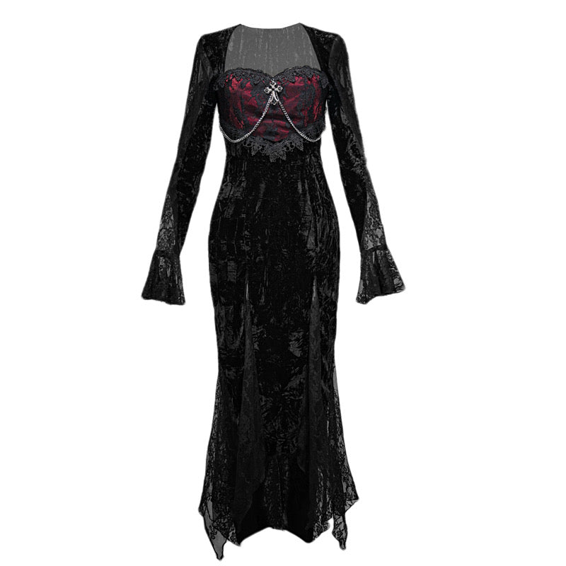 Blood Supply Dark Gothic Dream Rose Stitching Lace Velvet Fishtail Dress - Sugarplum Store