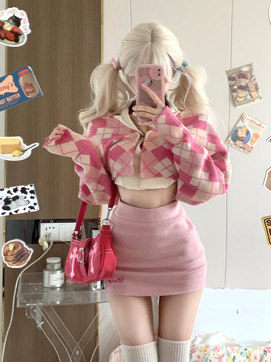 Serendipity Autumn Pink Argyle Jacket & Cream Halter Neck Top & Mini Skirt Three Piece Set - Sugarplum Store