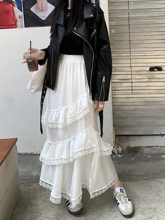 Retro Vintage Lace Crochet Slit Layered Cake White Black Long Skirt - Sugarplum Store