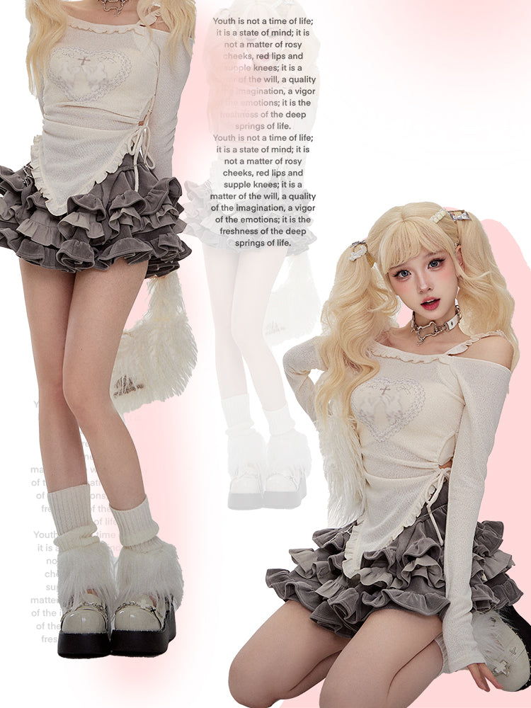 Serendipity Coquette Bunny Bow Cross Top Ruffled Short Skirt Two Piece Set