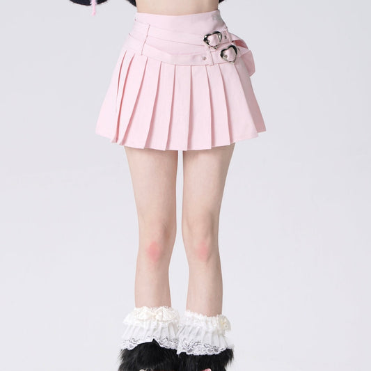 Young Eyes Pastel Pink White Black Double Belts High Waist Tennis Pleated Mini Skirt - Sugarplum Store