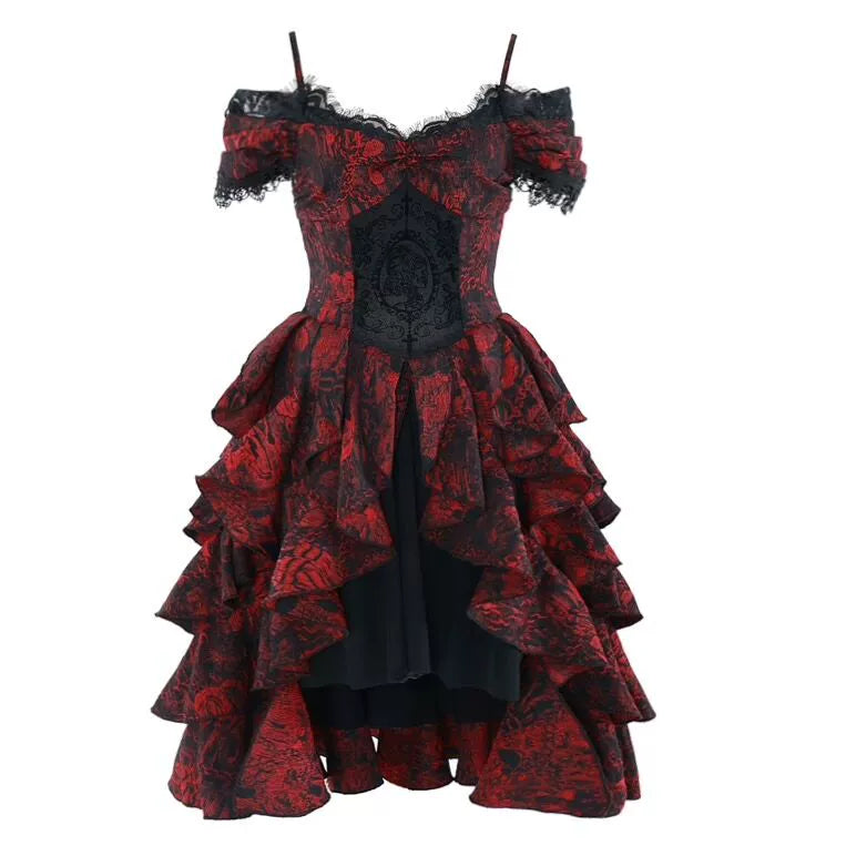 Blood Supply Dark Gothic Dream Red Princess Queen Lace Brooch Black Jacquard Off Shoulder Layered Dress - Sugarplum Store