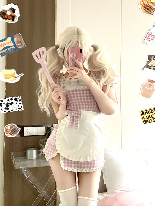 Serendipity Coquette Sweet Girl Cream Puff Sleeve Shirt & Plaid Pink Suspender Strap Dress Apron Maid Two Piece Set - Sugarplum Store
