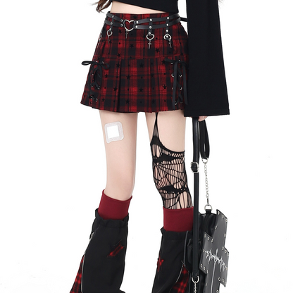 Crazy Girl Star Plaid Red Black Pleated Skirt