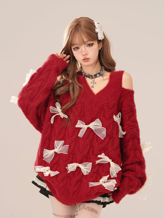 Young Eyes Coquette Bow Fuzzy Knit Red Black Blue V Neck Sweater - Sugarplum Store