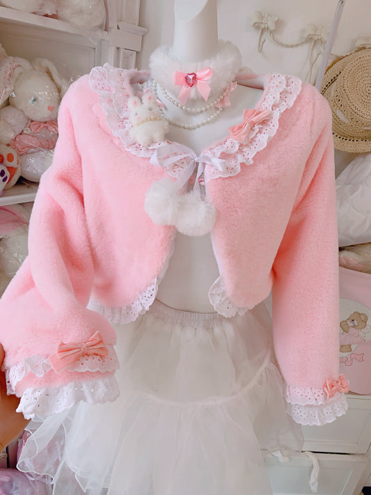 Candy Fairy Pink Blue Lace Sailor Collar Bow Plush Fur Jacket