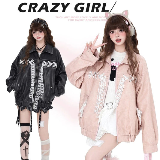Crazy Girl Lace Ribbon Smoky Pink Black Leather Jacket - Sugarplum Store