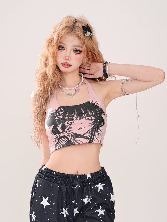Young Eyes Grunge Summer Anime Girl Graphic Halter Neck Tank Top