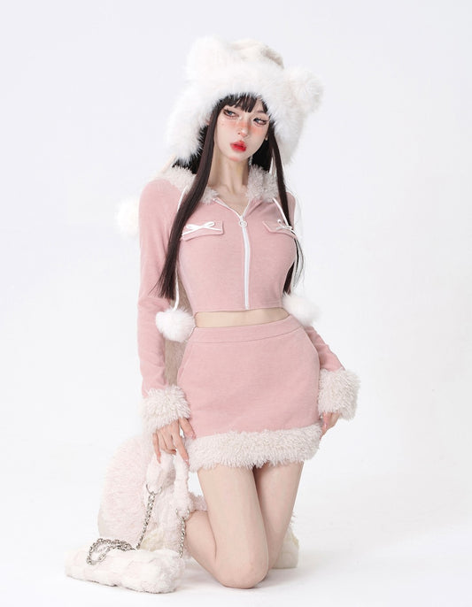Young Eyes Autumn Pink Rabbit Ears Plush Fur Hooded Jacket & Skirt Two Piece Set - Sugarplum Store