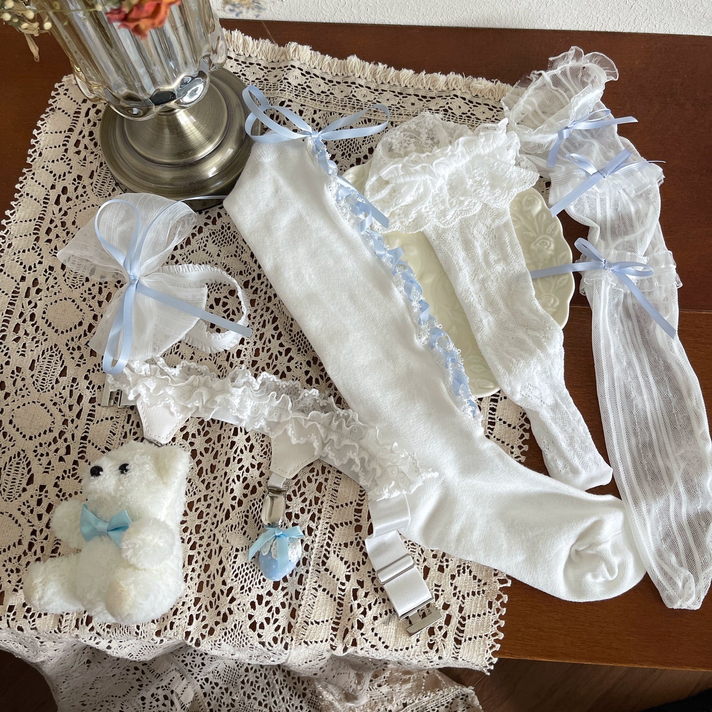 Noble Festival Pink Black Blue Red Lace Socks & Bear Garter - Sugarplum Store