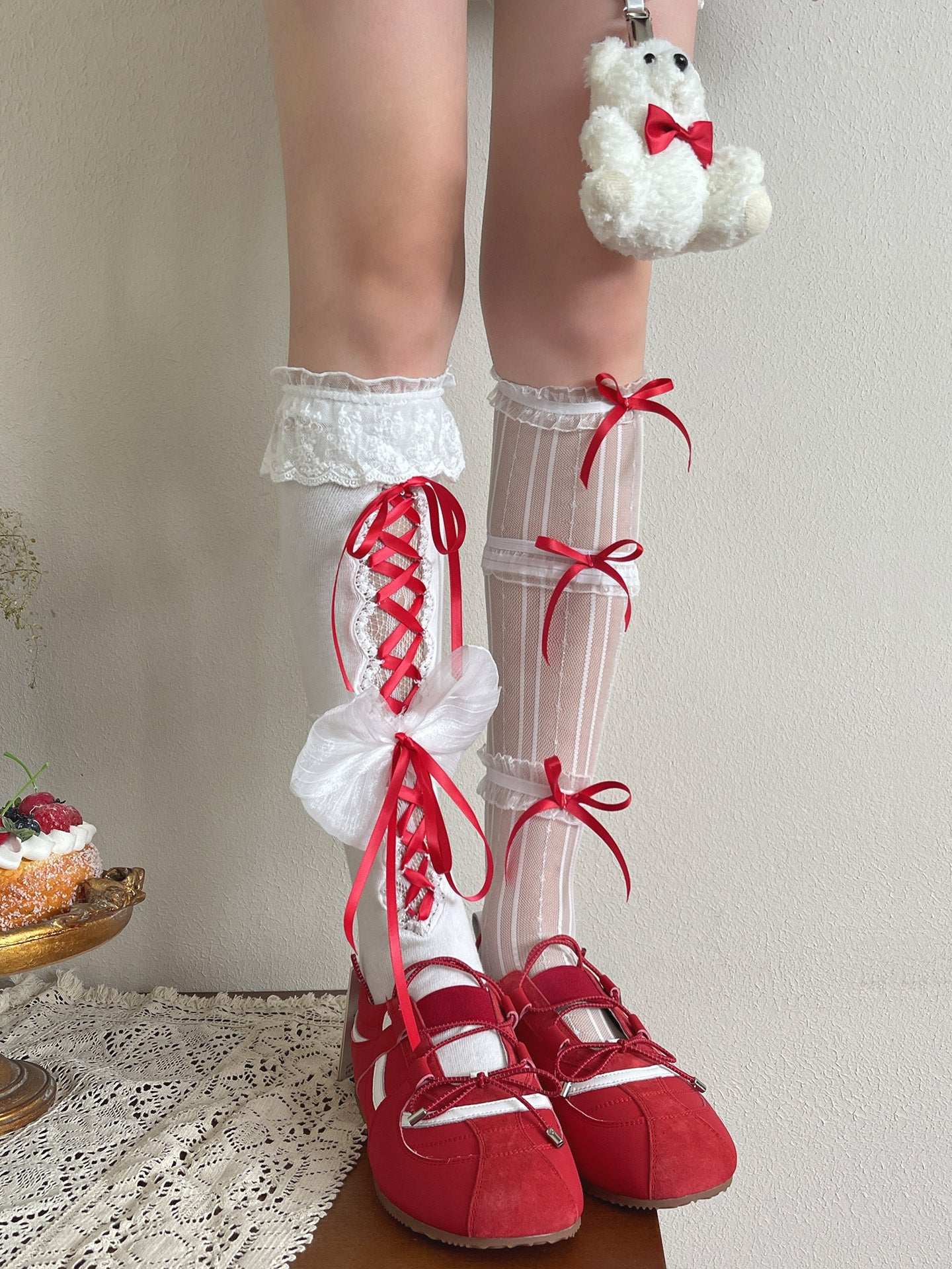 Noble Festival Pink Black Blue Red Lace Socks & Bear Garter