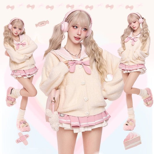 Serendipity Sweet Autumn Pink Bow Sailor Collar Seifuku Shirt & Pleated Skirt & White Cardigan Three Piece Set