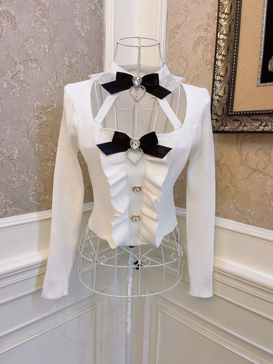 Sweetheart Princess Elegant Bow Black & White Long Sleeve Halter Neck Knit Sweater Top - Sugarplum Store