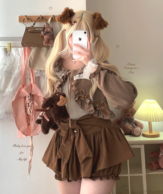 Dormir Doll Lolita Chocolate Brown Charcoal Black Ruffled Lace Cardigan - Sugarplum Store