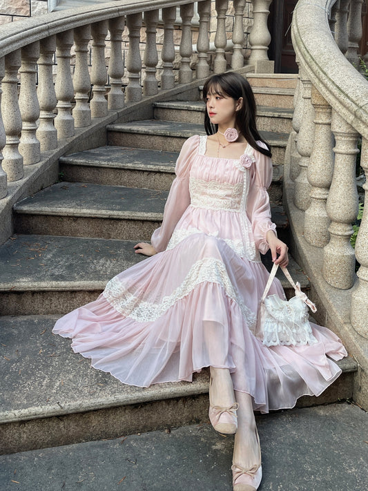 Ruellia Rose Fairy Pink Square Collar Long Sleeve Long Dress