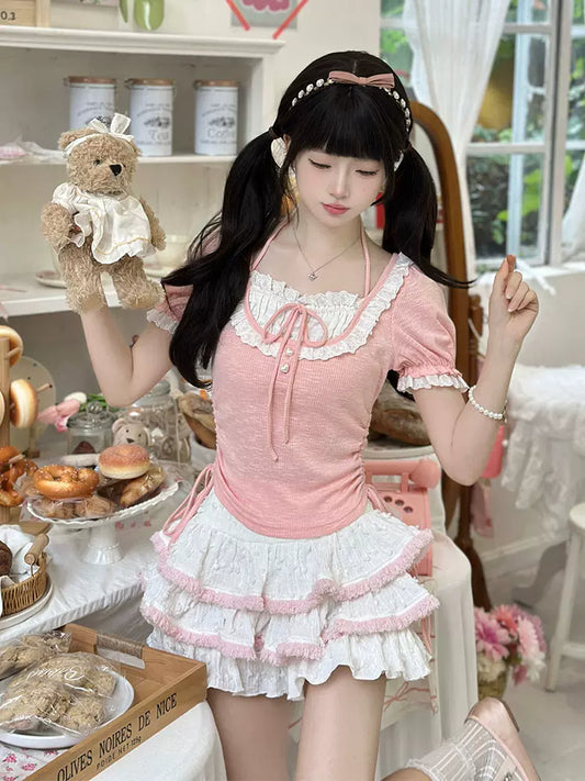 Pink Jelly Top & White Skirt Two Piece Set - Sugarplum Store