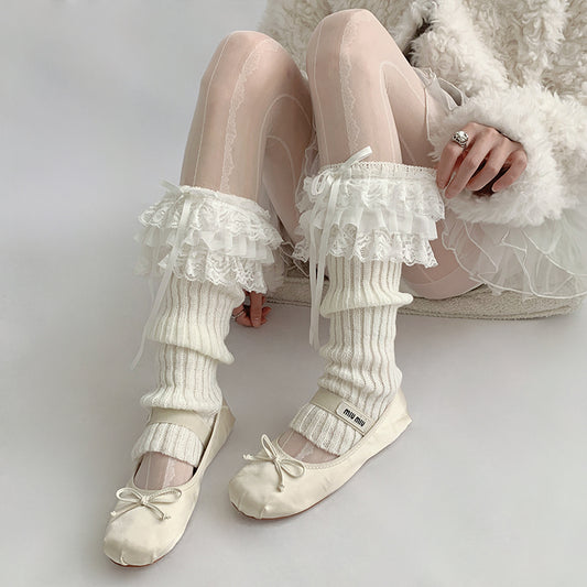 Night Classroom Lace Knit White Leg Warmers